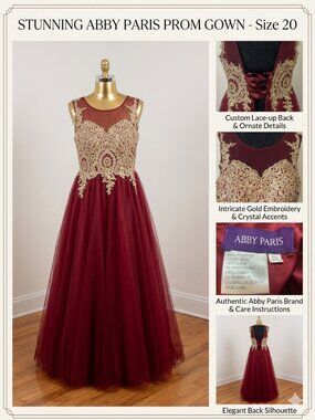 Stunning Abby Paris Burgundy & Gold Embroidered Prom Gown with Shawl- Size 20